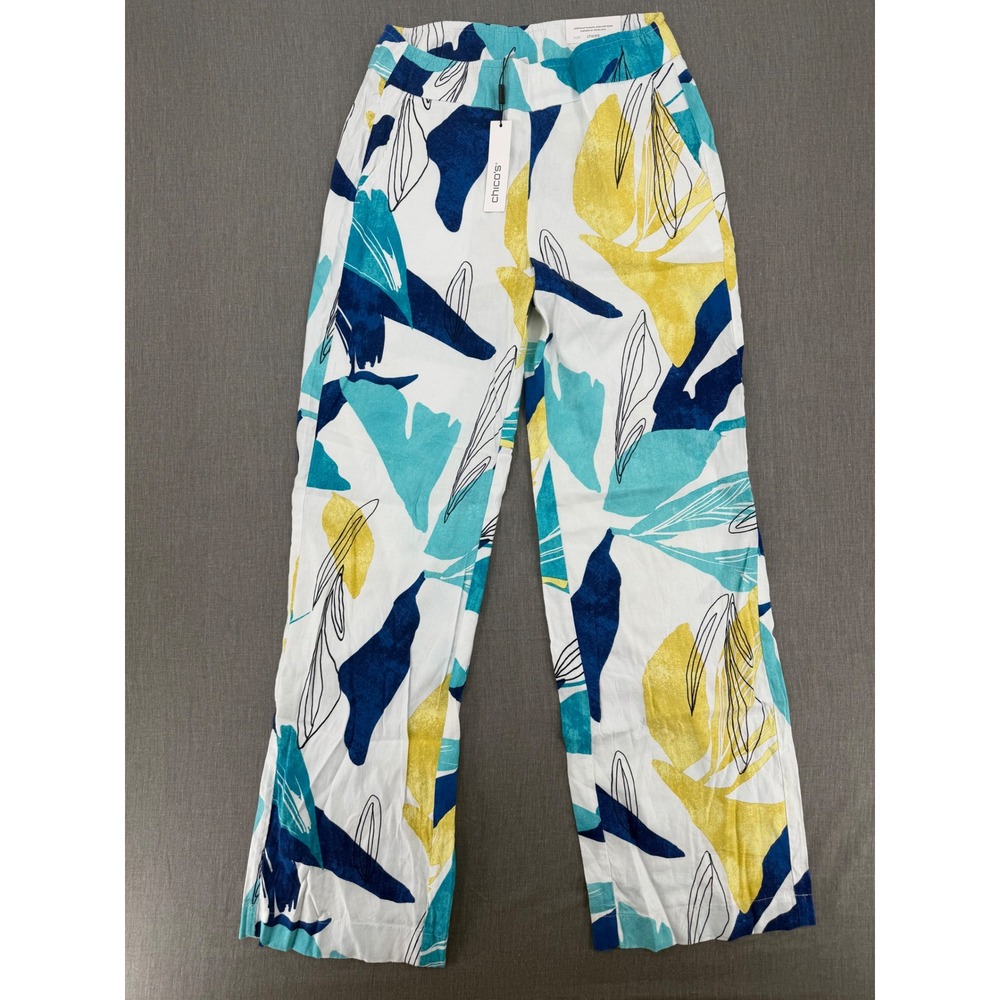 Chico's Beach Sway Pull On Wide Leg Pants Alabaster Tropical Print Size 0R 4R